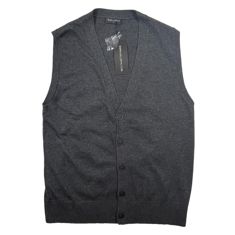 Kallspin Cardigan Vest Mens Medium Gray Cashmere Wool Blend V-Neck Button Front